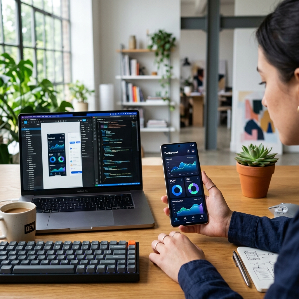 Professional mobile app development workspace and UI design